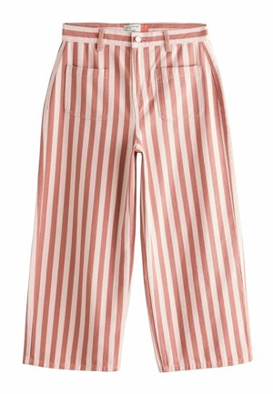 Hose mit weitem Bein und vertikalen rosa und hellrosa Streifen, vorne aufgesetzten Taschen und einem Knopfverschluss in der Taille.