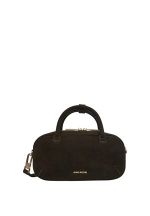 Sac à main rectangulaire noir avec bords arrondis, petites poignées doubles, fermeture éclair dorée et logo "GINO ROSSI" au centre devant.