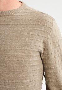 Beige Strickpullover mit gerippter Textur und horizontalen Streifen. Klassisches Rundhalsdesign, weiches Material, figurbetonte Silhouette.