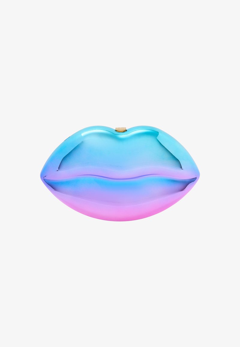 Ajakformájú táska fényes műanyagból, kékből rózsaszínbe átmenő színátmenettel. Simább textúra, felső záródással.