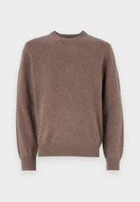 Brązowy sweter dziany z okrągłym dekoltem, ściągaczowymi mankietami i dołem. Miękka tekstura, lekko luźny krój, bez widocznych wzorów ani ozdób.