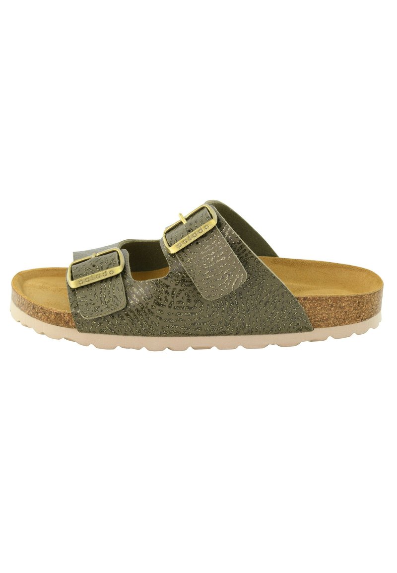 Olivgrön halksandal med två justerbara remmar, texturerad ovandel, kork-mellansula och gummiyttersula. Utrustad med metallspännen.