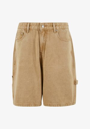 Beige Denim-Shorts mit hoher Taille, zwei seitlichen Taschen und einem Knopfverschluss. Sie haben einen geraden Schnitt und eine dezente Textur.