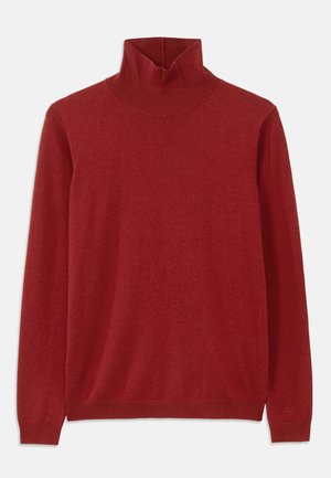 Pull col roulé rouge en tissu doux, doté d'un col côtelé et de manches longues, avec une texture lisse et sans motifs visibles.