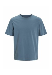 Camiseta de cuello redondo de manga corta en un color azul pizarra sólido, fabricada con una tela suave y de corte relajado, sin patrones ni acentos visibles.