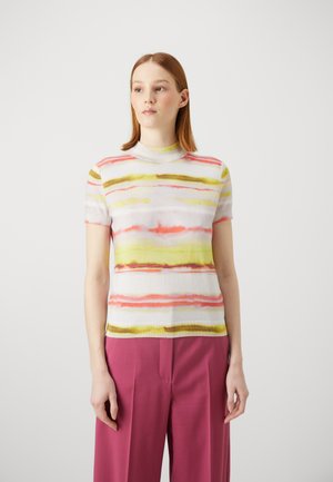 Maglione corto a maniche corte multicolore con strisce orizzontali in tonalità di rosa, verde e giallo. Tessuto morbido e collo alto.