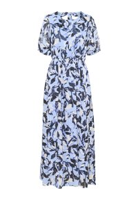 Robe maxi bleu clair avec un motif abstrait de feuilles noires et blanches, manches courtes bouffantes, taille élastiquée et un détail en forme de clé au dos.