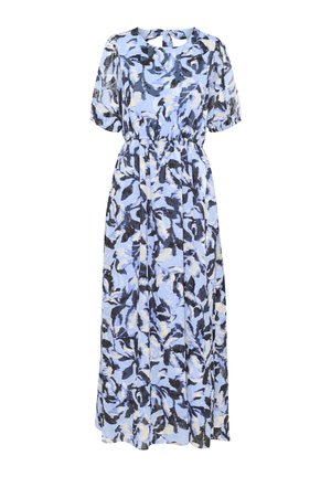 Sukienka maxi w jasnoniebieskim kolorze z czarno-białym, abstrakcyjnym wzorem liści, krótkimi bufkami, elastyczną talią oraz detalem w postaci otworu z tyłu.