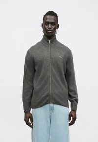 Šedý sveter na zips s rebrovaným golierom a manžetami. Zips vedie pozdĺž prednej časti, na ľavej strane je malý zelený logotyp. Klasická pletená štruktúra.