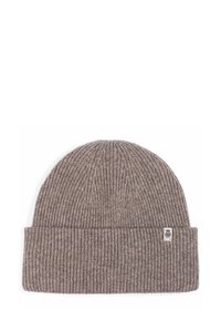 Knit beanie in a light brown color, featuring ribbed texture and a folded cuff with a small fabric label on the side.
