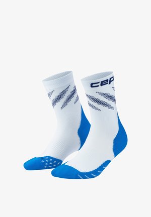 White and blue athletic crew socks with navy diagonal stripes and the brand name near the top.