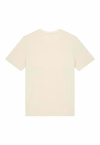Krémové tričko s krátkým rukávem a kulatým výstřihem, vyrobené z hladké látky, s minimalistickým designem bez vzorů nebo akcentů.