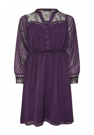 Lila Kleid aus einem transparenten, strukturierten Stoff mitPolka-Dots, Knopfleiste und Spitzenakzenten am Ausschnitt und an den Ärmeln.