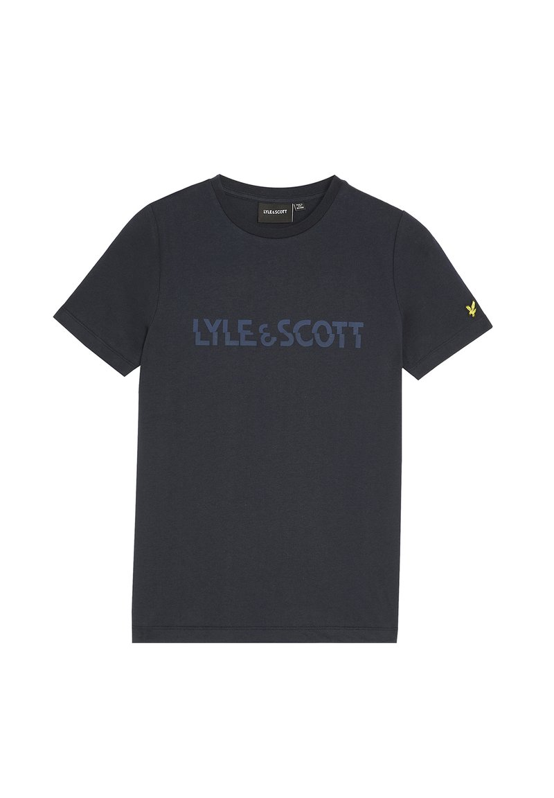 Zwarte katoenen t-shirt met een groot blauw "LYLE & SCOTT" logo, ronde hals, korte mouwen en een klein geel vogelembleem op de mouw.