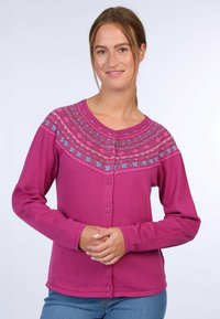 Fuchsia cardigan with long sleeves, round neck, and button closure. Features a patterned yoke with floral accents in pink and blue.