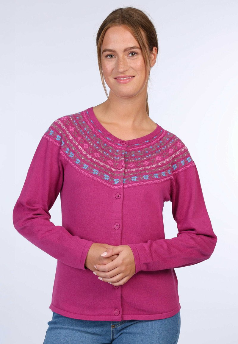 Fuchsia cardigan with long sleeves, round neck, and button closure. Features a patterned yoke with floral accents in pink and blue.
