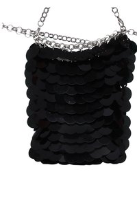 Borsa a tracolla nera con paillettes, caratterizzata da una forma rettangolare arrotondata e una superficie testurizzata realizzata con paillettes circolari sovrapposte.