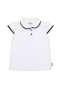 Polo bianca a maniche corte, bordi blu navy sul colletto e sulle maniche, patta con tre bottoni, tessuto texturizzato, e piccolo logo del brand.