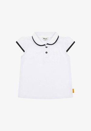Bílá polo tričko s krátkým rukávem, námořnický lem na límci a rukávech, tříknoflíková řada, strukturovaná tkanina a malé logo značky.