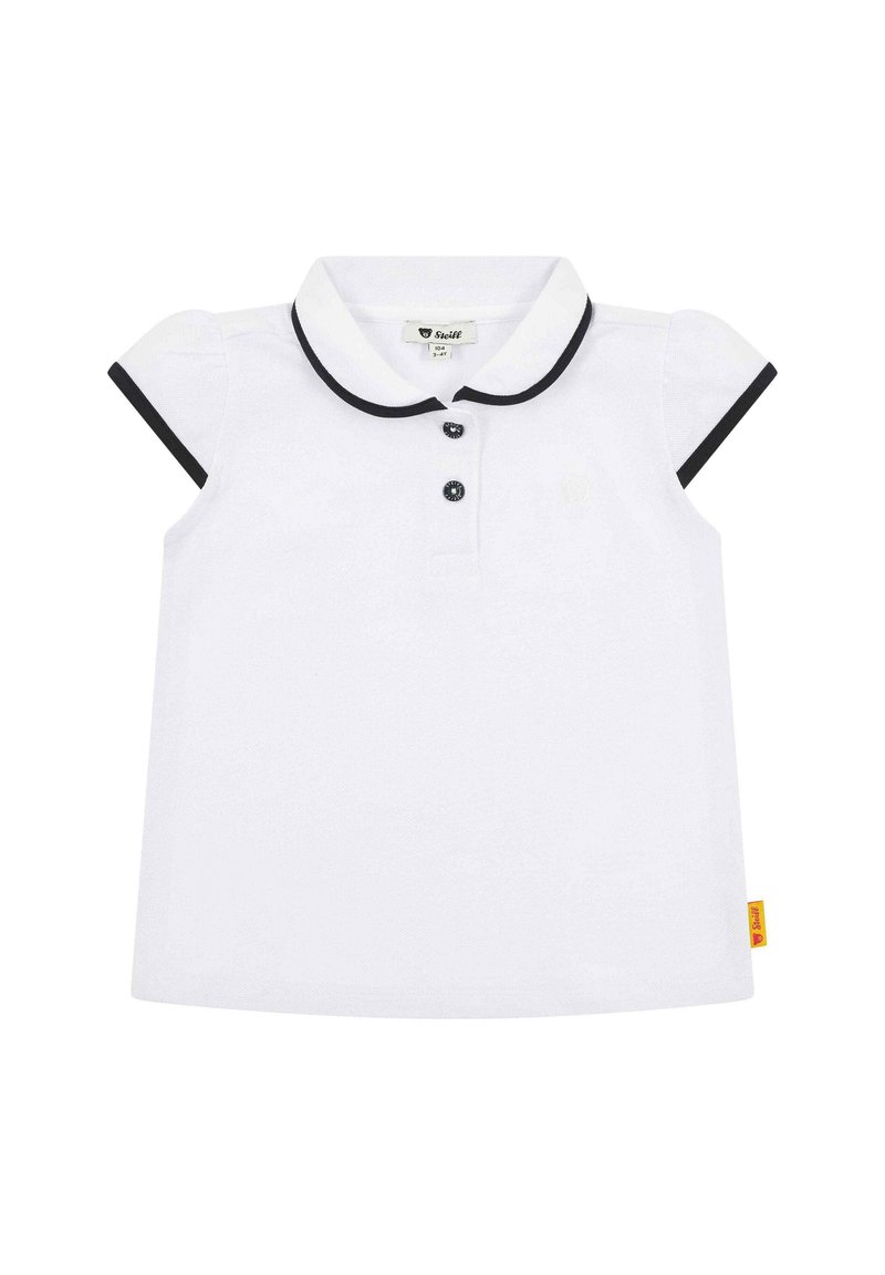 Polo bianca a maniche corte, bordi blu navy sul colletto e sulle maniche, patta con tre bottoni, tessuto texturizzato, e piccolo logo del brand.