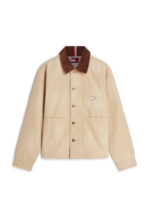 Beige jas met knopen, een donkerbruine kraag, lange mouwen, twee voorzakken en een klein logo op de borstzak.