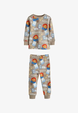 Vaikiškas smėlio spalvos ilgomis rankovėmis marškinėlių ir kelnių rinkinys su Padingtono meškiuku, vokais, letenų atspaudais ir žodžiu „Paddington“ pasikartojančiu raštu.