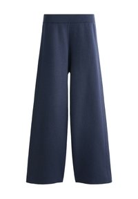 Marinefarbene weite Hose mit einem hohen elastischen Bund, die eine glatte Textur und eine lockere Passform aufweist. Keine sichtbaren Taschen oder Verzierungen.