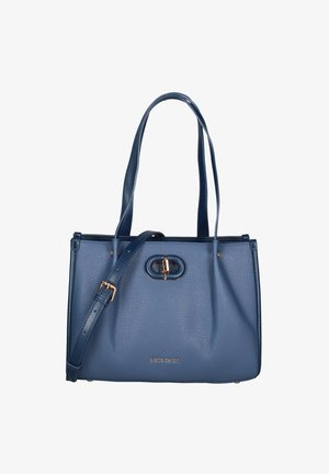 Borsa tote blu con superficie testurizzata, doppi manici, una tracolla rimovibile e un distintivo fermaglio dorato sulla parte anteriore.