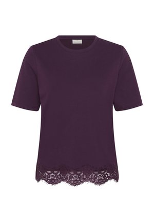 Chemise à manches courtes violet foncé avec encolure ronde et bordure en dentelle festonnée le long de l'ourlet.