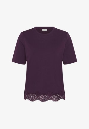 Cămașă mov închis cu mâneci scurte, decolteu rotund și margine dantelată în zigzag pe tiv.