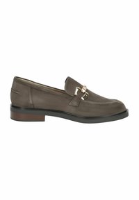 Halli pehmed nahast loaferid madala plokkninakaga, millel on metallist aksent ja tikkimisdetailid ülaserval. Sile tekstuur, elegantne disain.