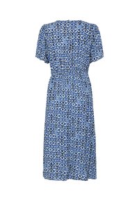 Knieumspieltes Kleid mit blau-weißem geometrischem Muster, kurzen Ärmeln und tailliertem Schnitt, Rückansicht.