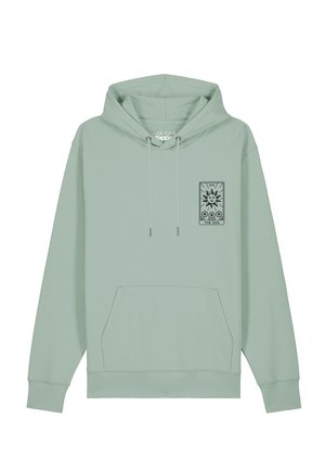 Hellgrüner Hoodie mit Fronttasche und kleinem schwarzem Tarotkarten-Design, das "The Sun" auf der linken Brustseite zeigt.
