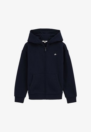 Sweat à capuche zippé bleu marine en tissu doux avec une poche kangourou et des poignets côtelés ; comporte un petit logo sur la poitrine.