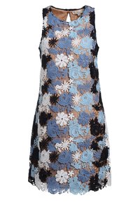 Spetklänning med blommönster i blått, vitt och svart på en genomskinlig bas. Rundad halsringning och A-linjeform utan ärmar.