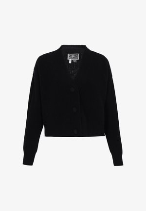 Zwarte korte cardigan van ribbelgebreide stof met een diepe V-hals, knoopsluiting en lange mouwen.