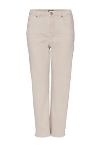 Jean beige droit avec fermeture par bouton et fermeture éclair, poches avant et arrière, et ourlet brut.