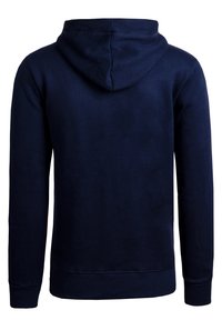 Felpa blu navy realizzata in tessuto morbido. Presenta un cappuccio foderato, maniche lunghe e polsini e orlo a costine per una vestibilità aderente.