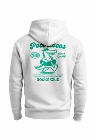 White hoodie with green graphic of a smiling crocodile wearing sunglasses and a swim ring, text promoting a social club and pool vibes.