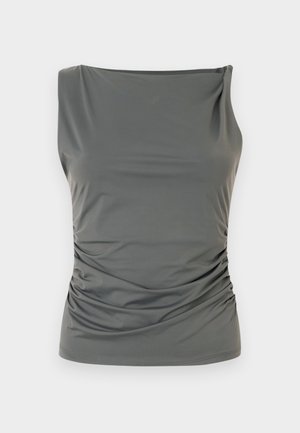 Top cinzento sem mangas com decote drapeado e textura franzida de um lado, feito de um tecido liso e elástico.