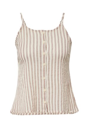 Gestreifter Tanktop mit verstellbaren Spaghettiträgern, ausgestattet mit einer durchgehenden Knopfleiste und einem weichen, leichten Stoff in Beige und Hellrosa.