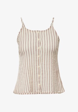 Gestreepte tanktop met verstelbare spaghettibandjes, met een knoopsluiting aan de voorkant en een zachte, lichtgewicht stof in beige en lichtroze.