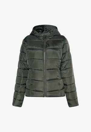 Giacca imbottita verde con cappuccio, caratterizzata da una chiusura zip frontale, un design trapuntato orizzontale e una consistenza liscia e lucida.