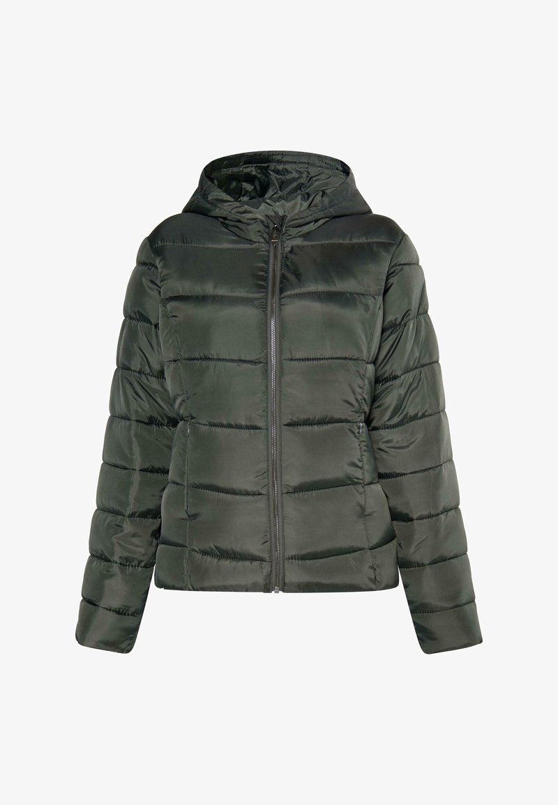 Grüne gepolsterte Jacke mit Kapuze, mit einem Reißverschluss an der Vorderseite, horizontal gestepptem Design und glatter, glänzender Textur.