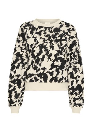 Sort og creme cropped sweatshirt med dyreprint-design, struktureret stof, ribbet halsudskæring og manchetter.