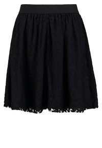 Jupe en dentelle noire avec une taille cintrée, un design plissé et un ourlet festonné. Présente un tissu texturé avec un motif floral.