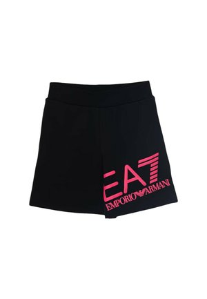 Pantaloncini sportivi neri con ampia fascia in vita e grande logo rosa "EA7 Emporio Armani" sulla parte inferiore della gamba destra.
