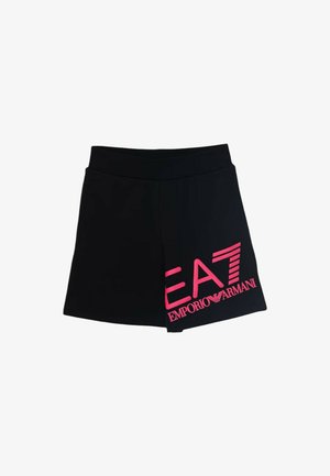 Pantaloncini sportivi neri con ampia fascia in vita e grande logo rosa "EA7 Emporio Armani" sulla parte inferiore della gamba destra.