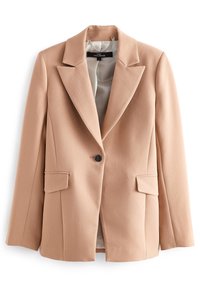 Světlý béžový oblekový blazer, s jedním knoflíkem, s klopami, dvěma předními kapsami, texturovaná tkanina a hladká podšívka.