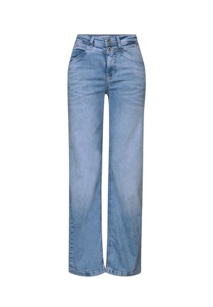 Lichtblauwe wijde jeans met een hoge taille, sluiting met twee knopen en een ontwerp met vijf zakken. De stof heeft een lichte vervaagde textuur.